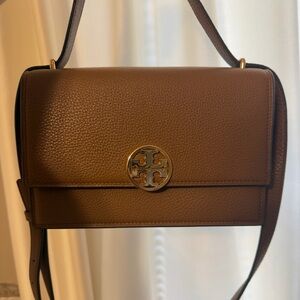 Tory Burch Brown Pebbled Leather Crossbody with Gold Logo Limited Edition